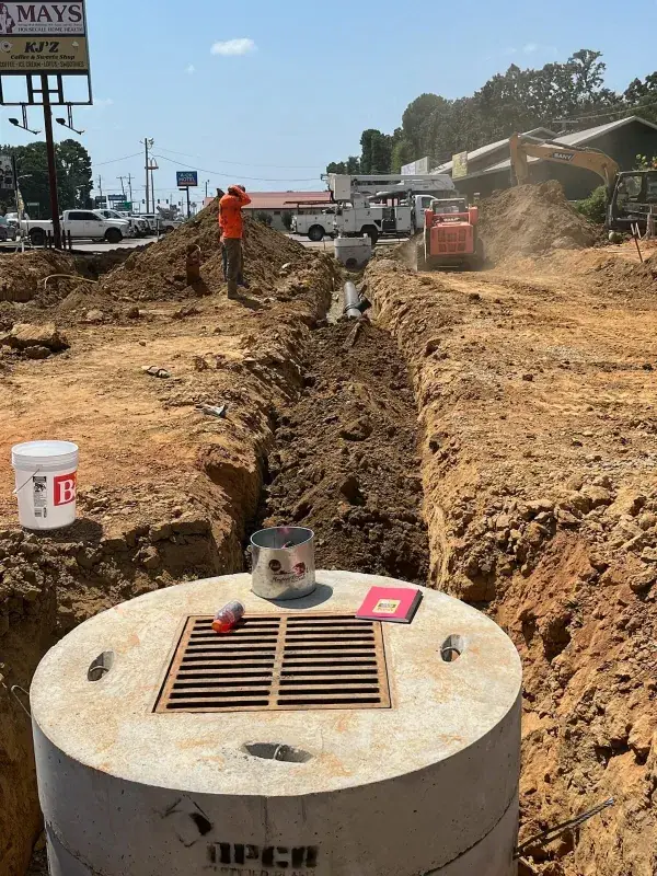 Precast concrete inlet with a grated top beside a pipe trench on a commercial job